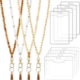 12 Pieces Wood Beaded Lanyards and Card Holder Set, Including 4 Wooden Bead Neck Strap Bohemian Bead Lanyards with Tassel and 8 Clear Card Holders in 2 Style for Keys, Phone Bags (Retro Style)