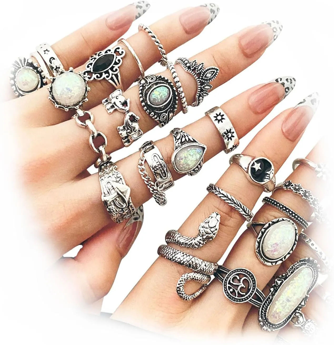 17IF Vintage Silver Knuckle Rings Set for Women Men, Chunky Rings Aesthetic Snake Grunge Stackable Gothic Ring Adjustable Y2K Punk Bulky Boho Finger Alt of Rings, Stacking Fairy Skull Frog Heart Star Flower Midi Ring Pack