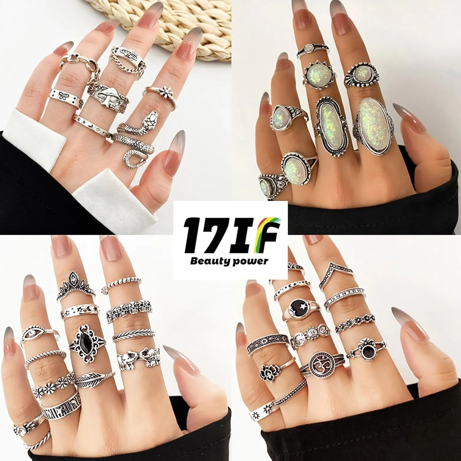 17IF Vintage Silver Knuckle Rings Set for Women Men, Chunky Rings Aesthetic Snake Grunge Stackable Gothic Ring Adjustable Y2K Punk Bulky Boho Finger Alt of Rings, Stacking Fairy Skull Frog Heart Star Flower Midi Ring Pack