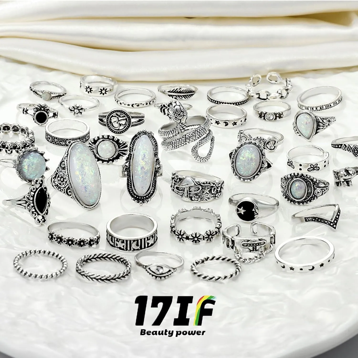 17IF Vintage Silver Knuckle Rings Set for Women Men, Chunky Rings Aesthetic Snake Grunge Stackable Gothic Ring Adjustable Y2K Punk Bulky Boho Finger Alt of Rings, Stacking Fairy Skull Frog Heart Star Flower Midi Ring Pack
