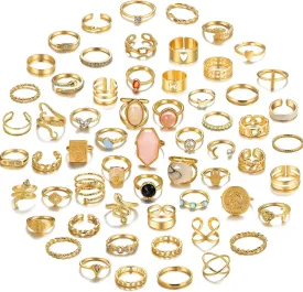 17KM 60 Pcs Gold Stacks Ring Sets for Women Non Tarnish, Dainty Vintage Stackable Rings Pack, Finger Midi Knuckle Rings for Jewelry Gift