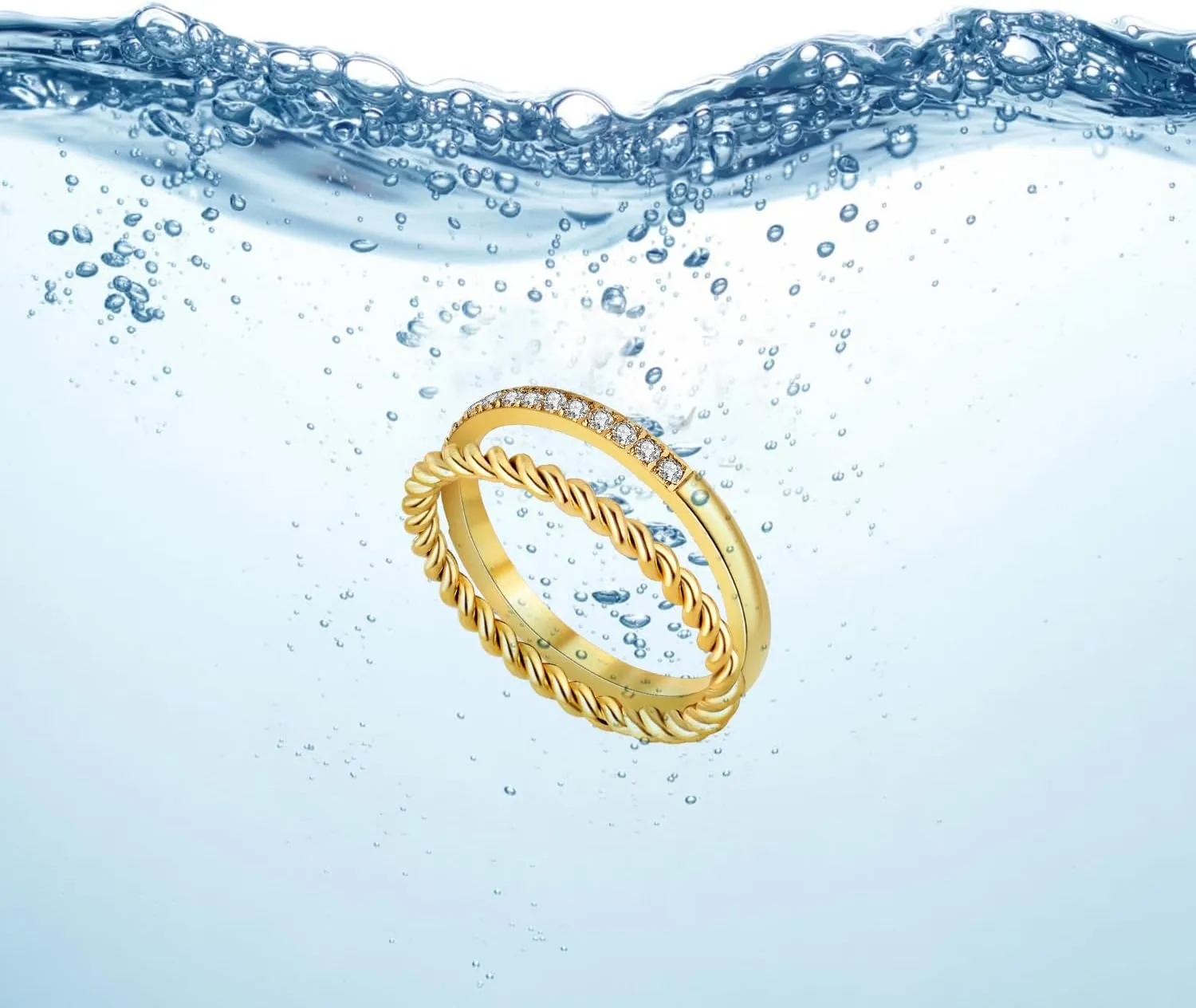 18K Gold Plated Stackable Rings Set for Women - Waterproof & Non Tarnish 2 Wave Latered Chunky Rings - Water Resistant Never Fades Everyday Thumb Rings for Women