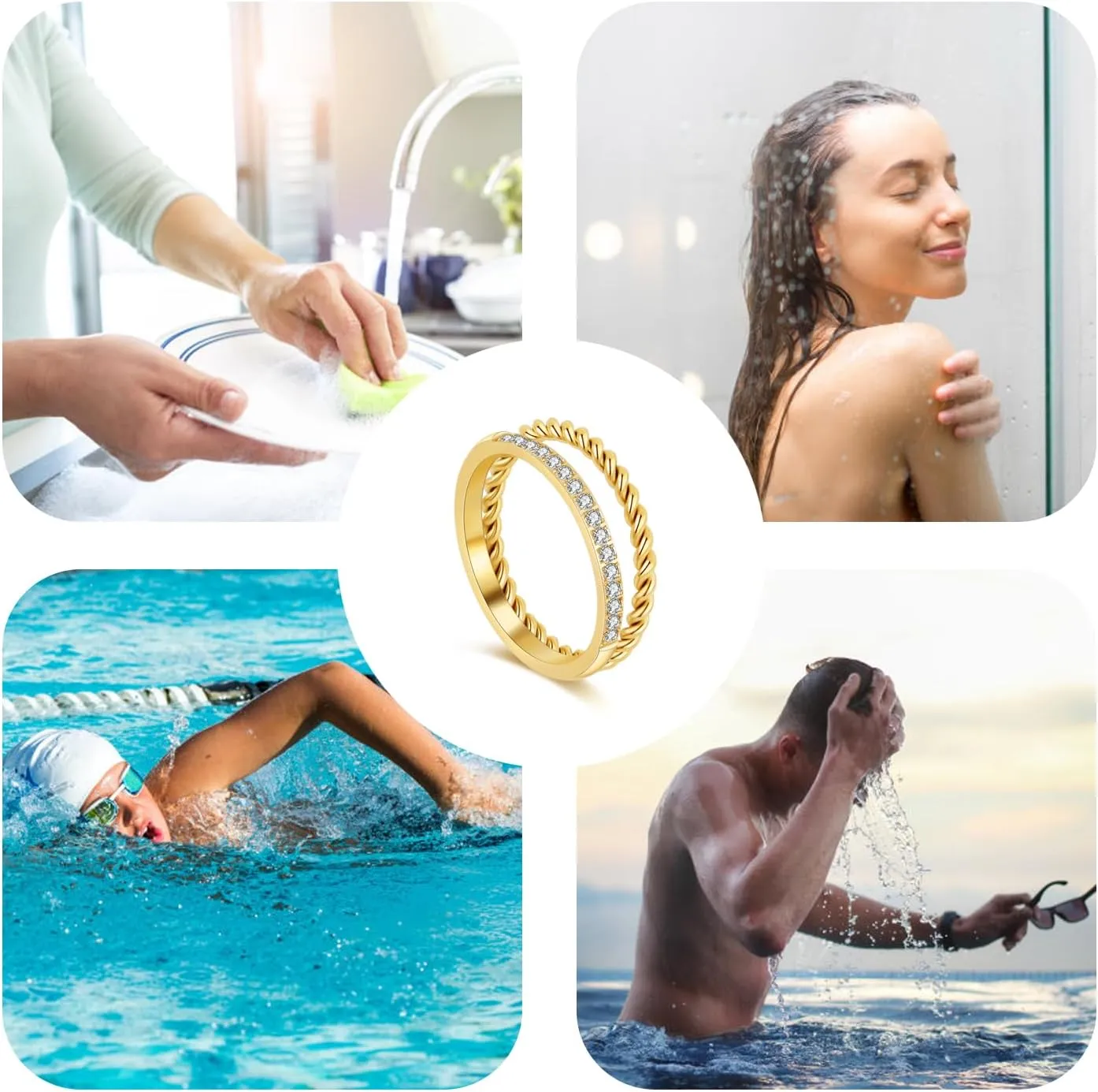 18K Gold Plated Stackable Rings Set for Women - Waterproof & Non Tarnish 2 Wave Latered Chunky Rings - Water Resistant Never Fades Everyday Thumb Rings for Women