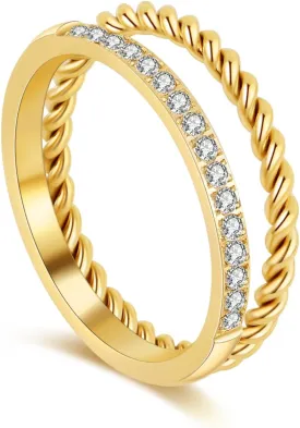 18K Gold Plated Stackable Rings Set for Women - Waterproof & Non Tarnish 2 Wave Latered Chunky Rings - Water Resistant Never Fades Everyday Thumb Rings for Women
