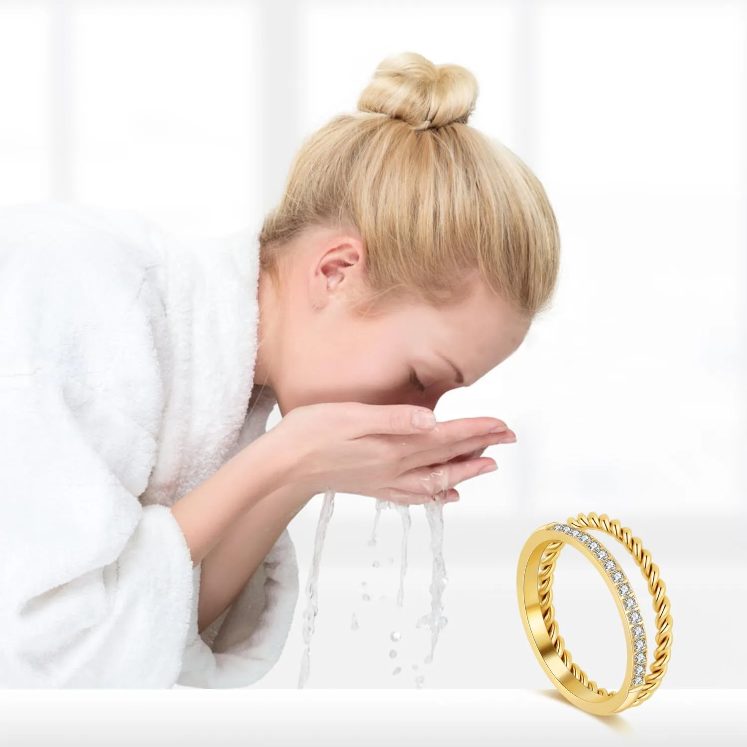 18K Gold Plated Stackable Rings Set for Women - Waterproof & Non Tarnish 2 Wave Latered Chunky Rings - Water Resistant Never Fades Everyday Thumb Rings for Women