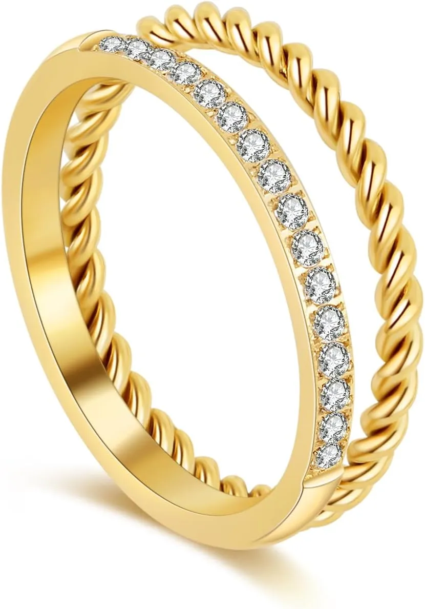 18K Gold Plated Stackable Rings Set for Women - Waterproof & Non Tarnish 2 Wave Latered Chunky Rings - Water Resistant Never Fades Everyday Thumb Rings for Women