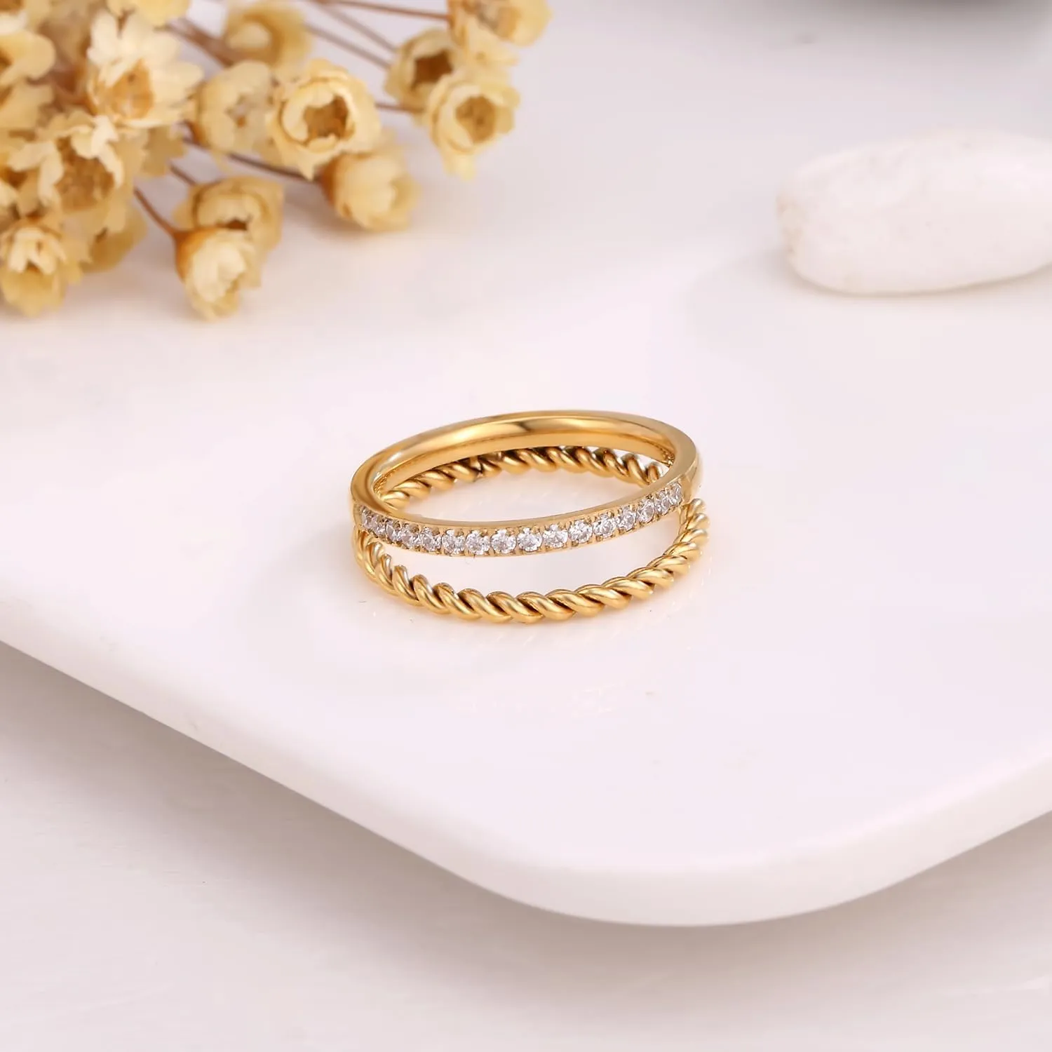 18K Gold Plated Stackable Rings Set for Women - Waterproof & Non Tarnish 2 Wave Latered Chunky Rings - Water Resistant Never Fades Everyday Thumb Rings for Women