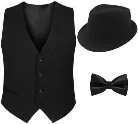 1920s Mens Costume Roaring 20s Accessories Gatsby Gangster Vest Fedora Hat Bow Tie HalloweenSet