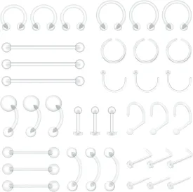 36pcs Clear Piercing Retainers Bioflex Plastic Jewelry for Nipple Tongue Nose Septum Eyebrow Belly Earrings Tragus Helix Cartilage Industrial Lip Labret Rings Studs For Surgery Mri
