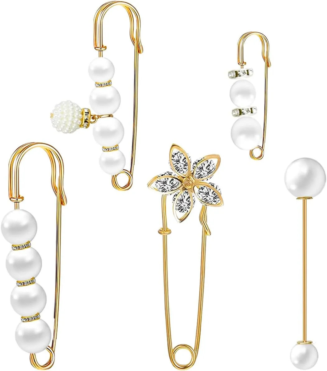 5 Pieces Pearl Brooch Safety Pins for Clothes Safety Pin for Women Fashion Sweater Shawl Collar Dresses Cardigan Clips Faux Crystal Pearl Brooches Set for Girls Jewelry Decoration Accessories (Gold)