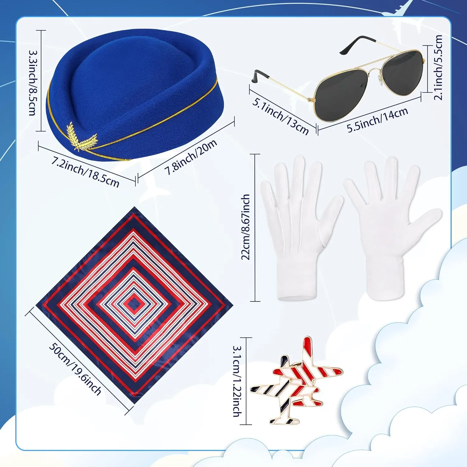 5PCS Women's Flight Attendant Costume Accessories, Stewardess Costume Accessories with Hat Scarf Sunglasses Gloves