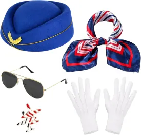 5PCS Women's Flight Attendant Costume Accessories, Stewardess Costume Accessories with Hat Scarf Sunglasses Gloves