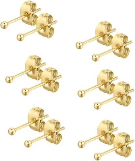 6 Pair Tiny Women 14K Gold Plated Ball Stud Earrings Surgical Stainless Steel Earrings Set, 2-6MM