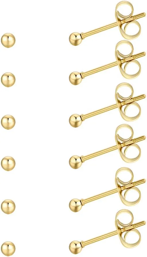 6 Pair Tiny Women 14K Gold Plated Ball Stud Earrings Surgical Stainless Steel Earrings Set, 2-6MM