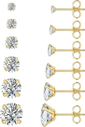 6 Pairs Stud Earrings Set, Hypoallergenic Cubic Zirconia 316L Earrings Stainless Steel CZ Earrings 3-8mm