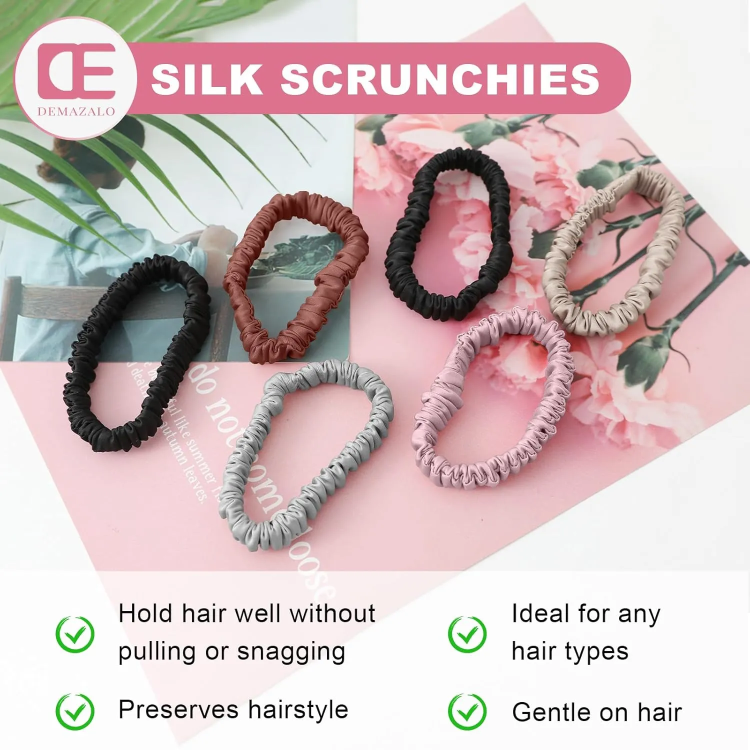 6Pcs Silk Hair Ties Small 22 Momme 100% Pure Mulberry Silk Scrunchies for Women Girls Thin Skinny Hair Sleep Scrunchies No Damage(Color 04)