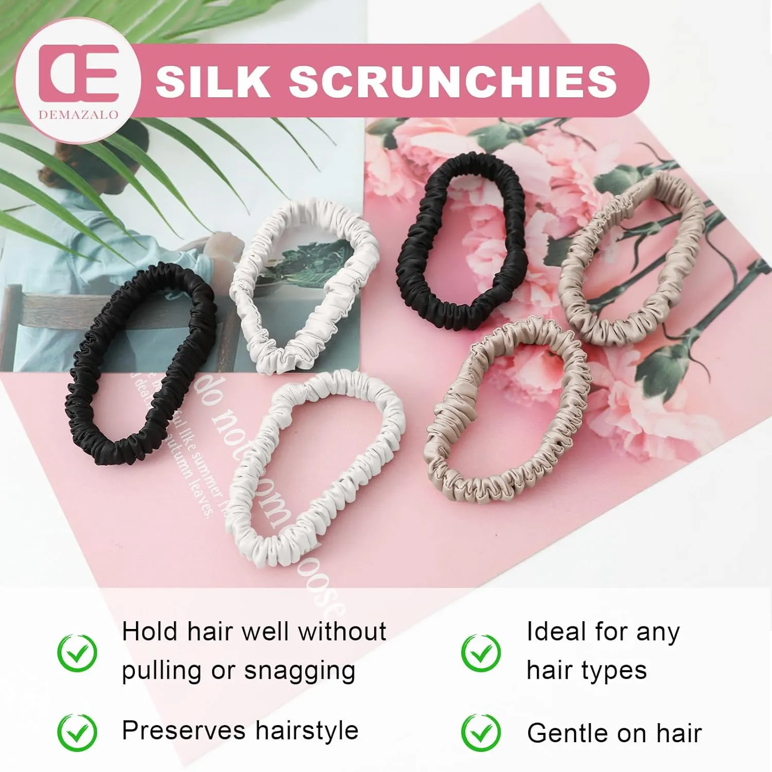 6Pcs Silk Hair Ties Small 22 Momme 100% Pure Mulberry Silk Scrunchies for Women Girls Thin Skinny Hair Sleep Scrunchies No Damage(Color 07)