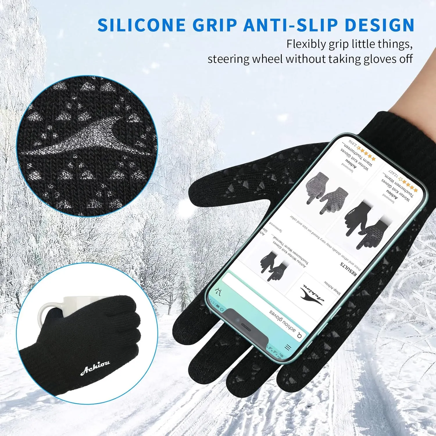 Achiou Winter Gloves for Men Women, Touch Screen Gloves, Upgraded Thicken Anti-Slip Silicone Gel, Thermal Soft Knit Lining