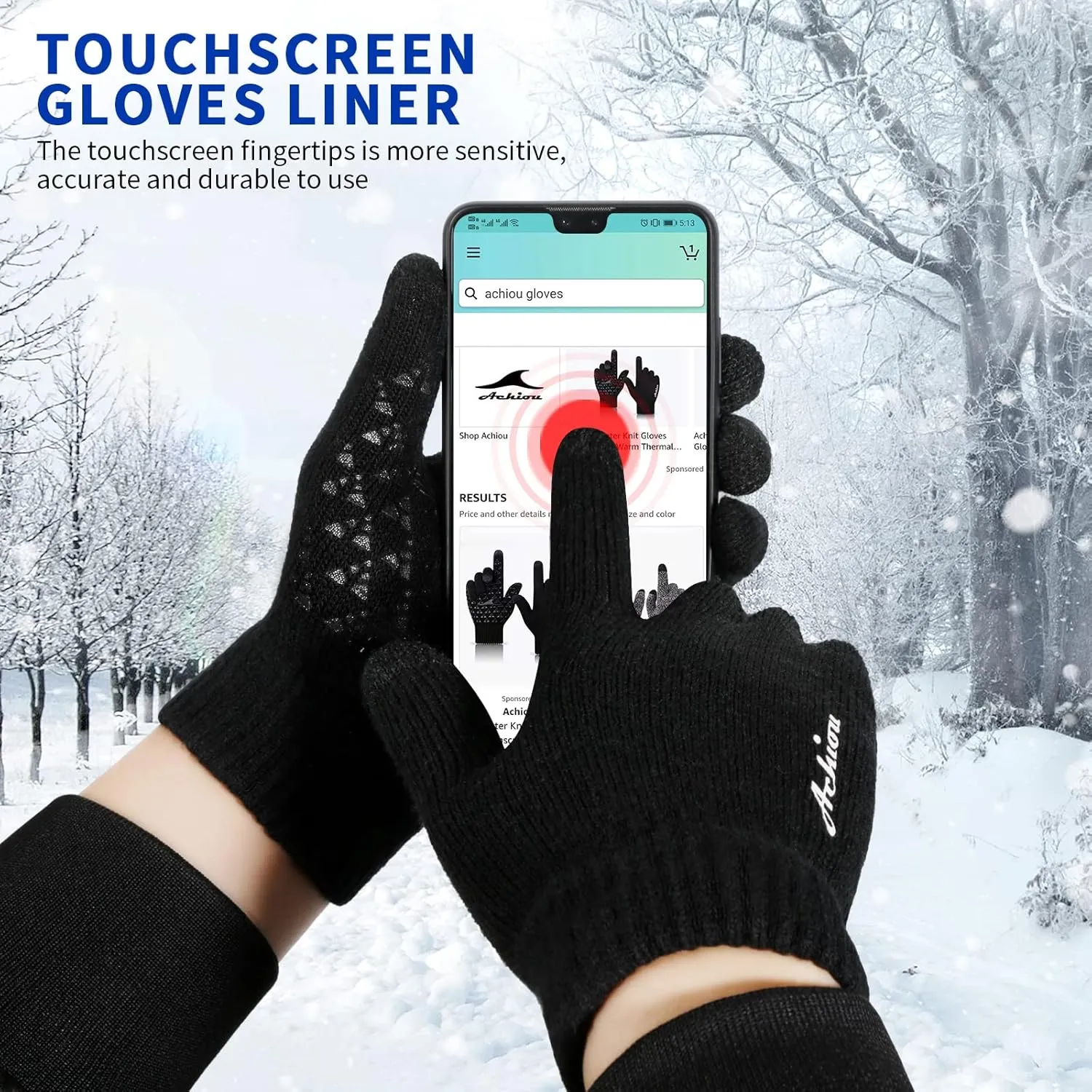 Achiou Winter Gloves for Men Women, Touch Screen Gloves, Upgraded Thicken Anti-Slip Silicone Gel, Thermal Soft Knit Lining