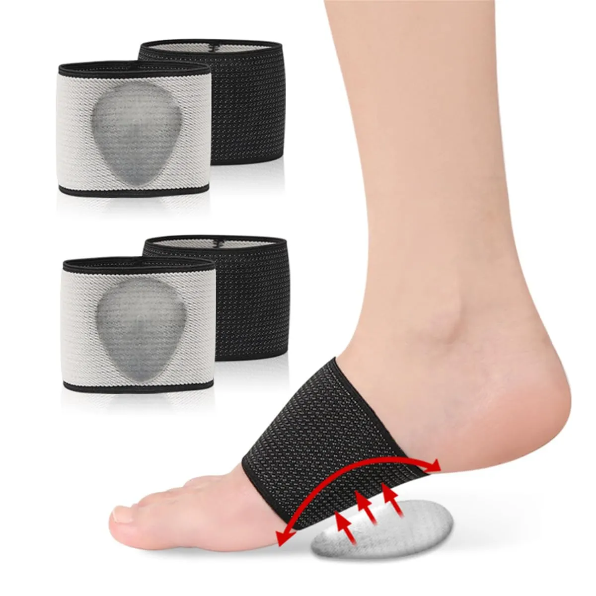 Arch Support Bands, 2 Pairs Copper Arch Support Relief Plus Braces Sleeves with Gel Pad for Plantar Fasciitis Relief, Foot Orthotic Compression Bands for Flat Feet, Fallen Arches, Arch Pain (L, Black)