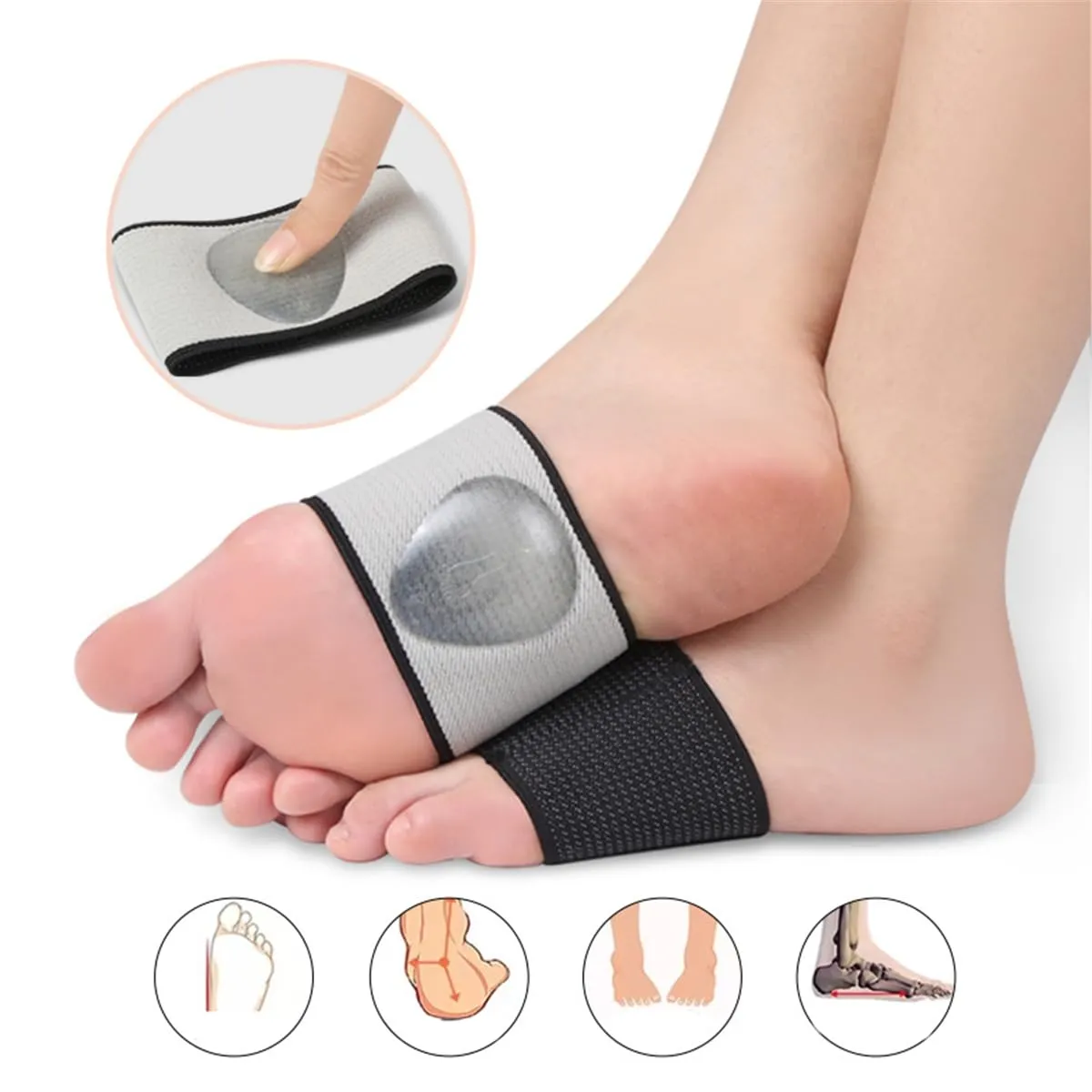 Arch Support Bands, 2 Pairs Copper Arch Support Relief Plus Braces Sleeves with Gel Pad for Plantar Fasciitis Relief, Foot Orthotic Compression Bands for Flat Feet, Fallen Arches, Arch Pain (L, Black)