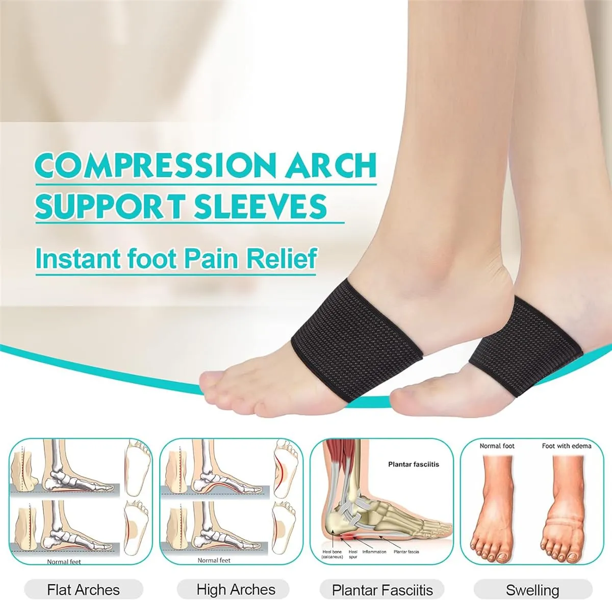 Arch Support Bands, 2 Pairs Copper Arch Support Relief Plus Braces Sleeves with Gel Pad for Plantar Fasciitis Relief, Foot Orthotic Compression Bands for Flat Feet, Fallen Arches, Arch Pain (L, Black)