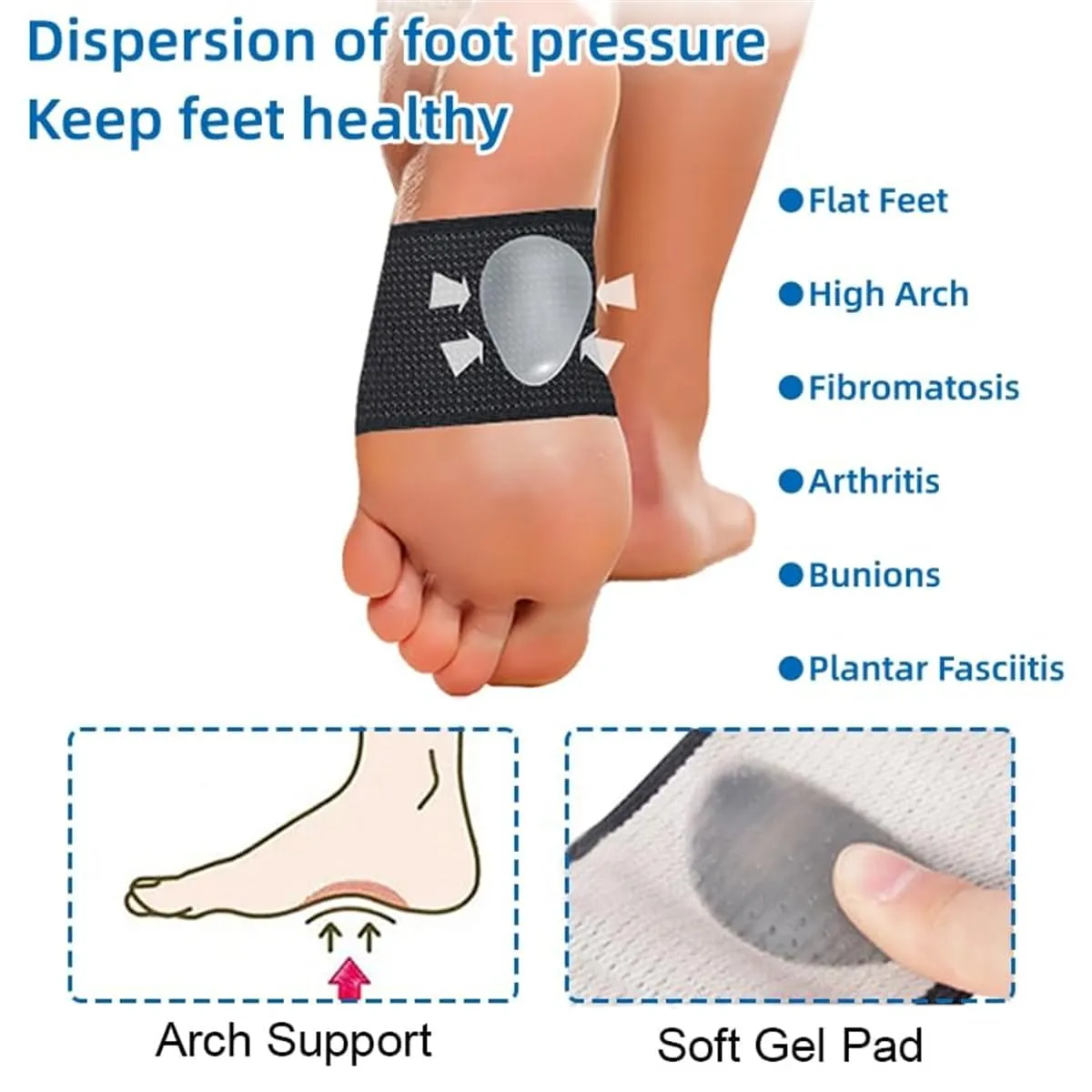 Arch Support Bands, 2 Pairs Copper Arch Support Relief Plus Braces Sleeves with Gel Pad for Plantar Fasciitis Relief, Foot Orthotic Compression Bands for Flat Feet, Fallen Arches, Arch Pain (L, Black)