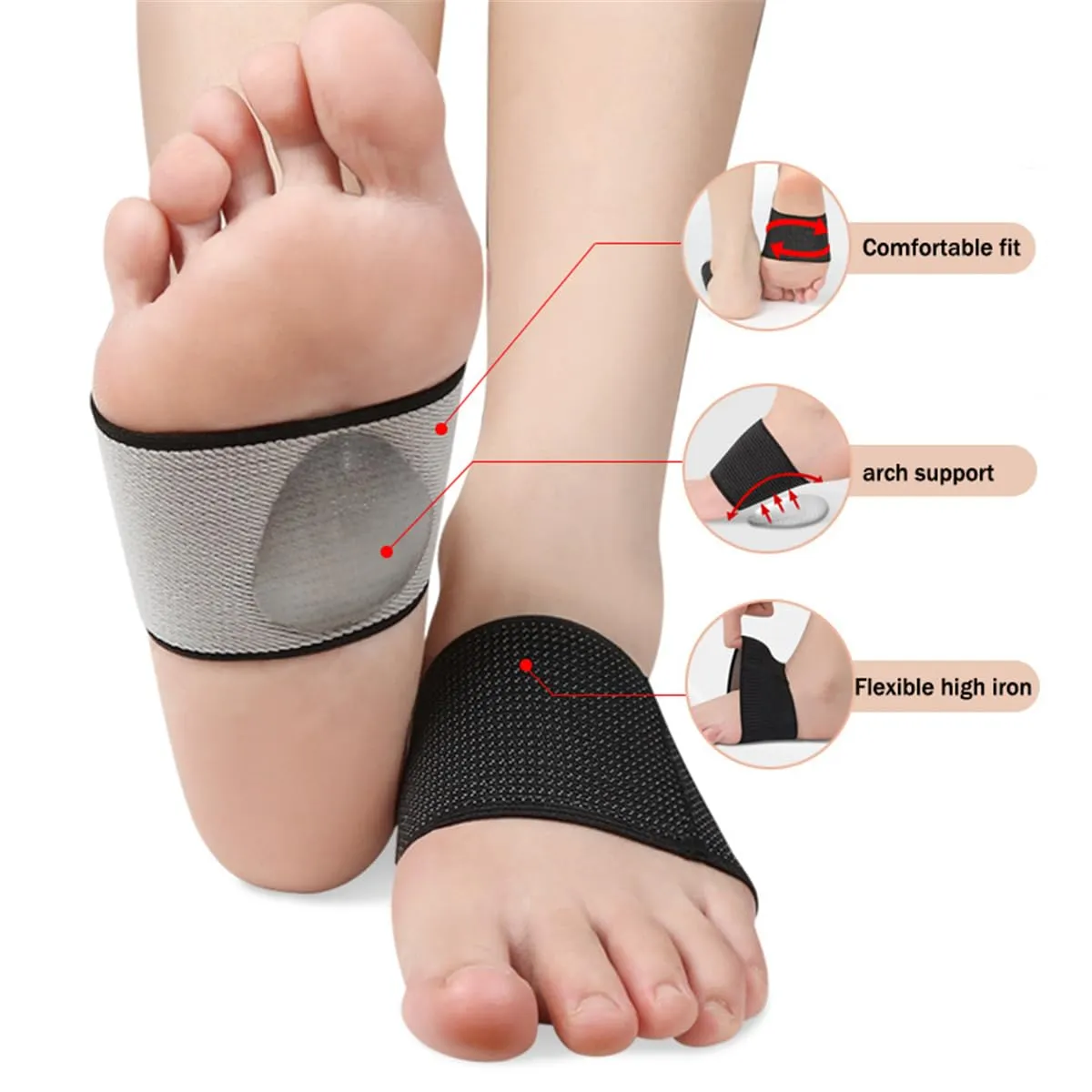 Arch Support Bands, 2 Pairs Copper Arch Support Relief Plus Braces Sleeves with Gel Pad for Plantar Fasciitis Relief, Foot Orthotic Compression Bands for Flat Feet, Fallen Arches, Arch Pain (L, Black)