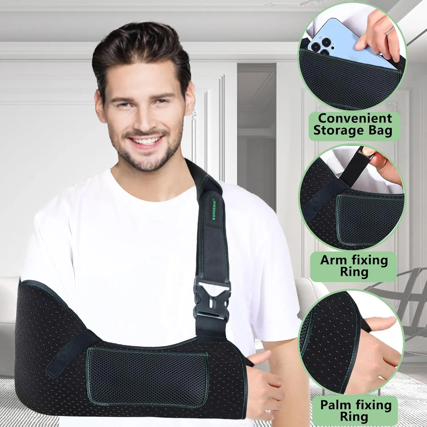 Arm Shoulder Sling for Men and Women,Porous comfort Medical Sling with Pocket Shoulder Pad for Rotator Cuff Injury,Support for Arm,Wrist, Elbow,Clavicle Fracture Post-Surgery(Black,Large)