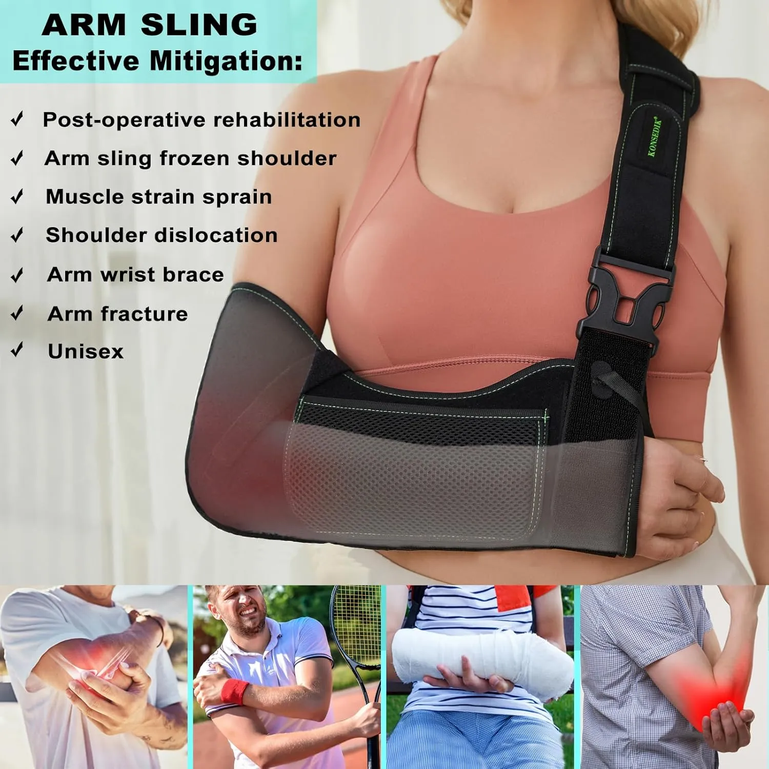 Arm Shoulder Sling for Men and Women,Porous comfort Medical Sling with Pocket Shoulder Pad for Rotator Cuff Injury,Support for Arm,Wrist, Elbow,Clavicle Fracture Post-Surgery(Black,Large)