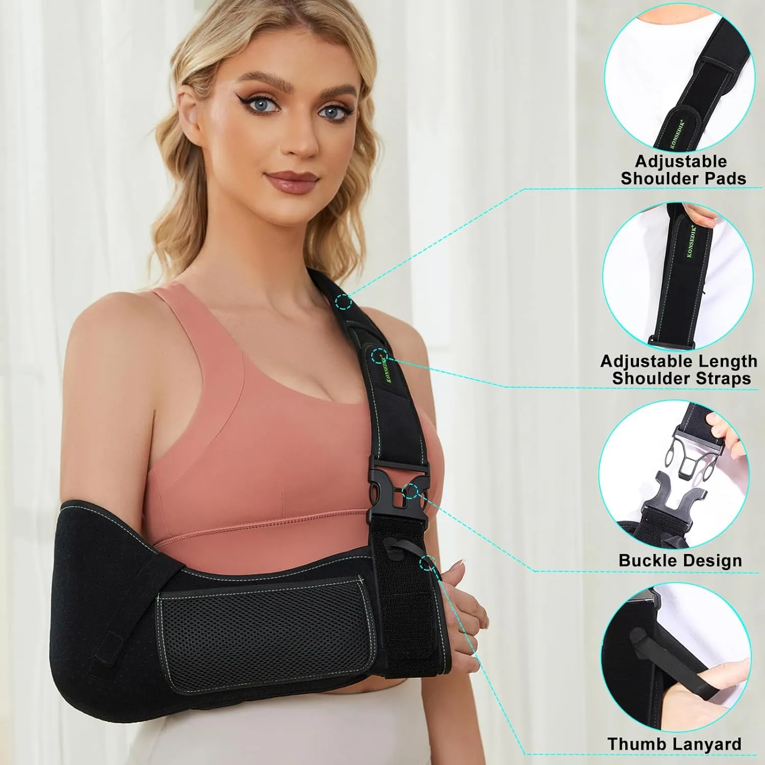 Arm Shoulder Sling for Men and Women,Porous comfort Medical Sling with Pocket Shoulder Pad for Rotator Cuff Injury,Support for Arm,Wrist, Elbow,Clavicle Fracture Post-Surgery(Black,Large)