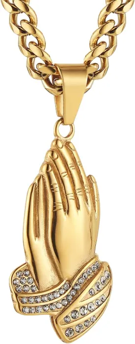 AsAlways 18K Gold Plated The Praying Hand Pendant Necklace Cubic Zirconia Big Serenity Prayer Hand Hip Hop Punk Necklace Jewelry Gift