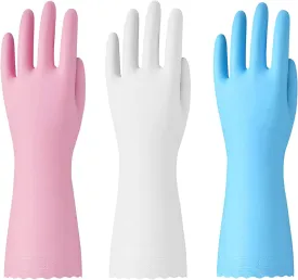Bamllum Rubber Cleaning Gloves - 3 Pairs Latex Free Kitchen Cleaning Gloves with Cotton Liner- Household Dishwashing Gloves, Non- Slip Waterproof (Medium, Blue Pink White)