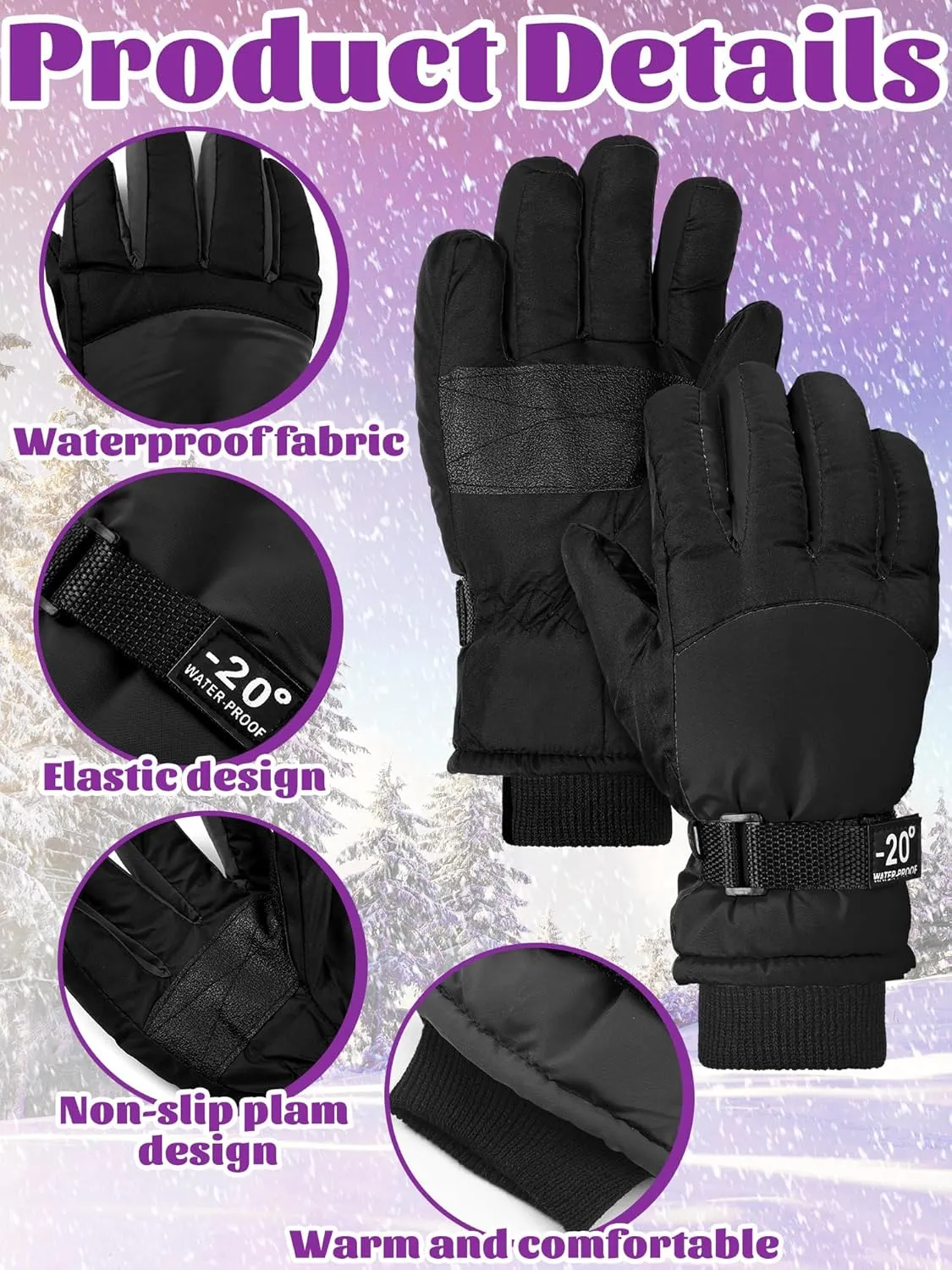 Bencailor 6 Pairs Winter Gloves for Kids Waterproof Boys Snow Ski Gloves Girls Warm Windproof Mittens for Children Outdoor