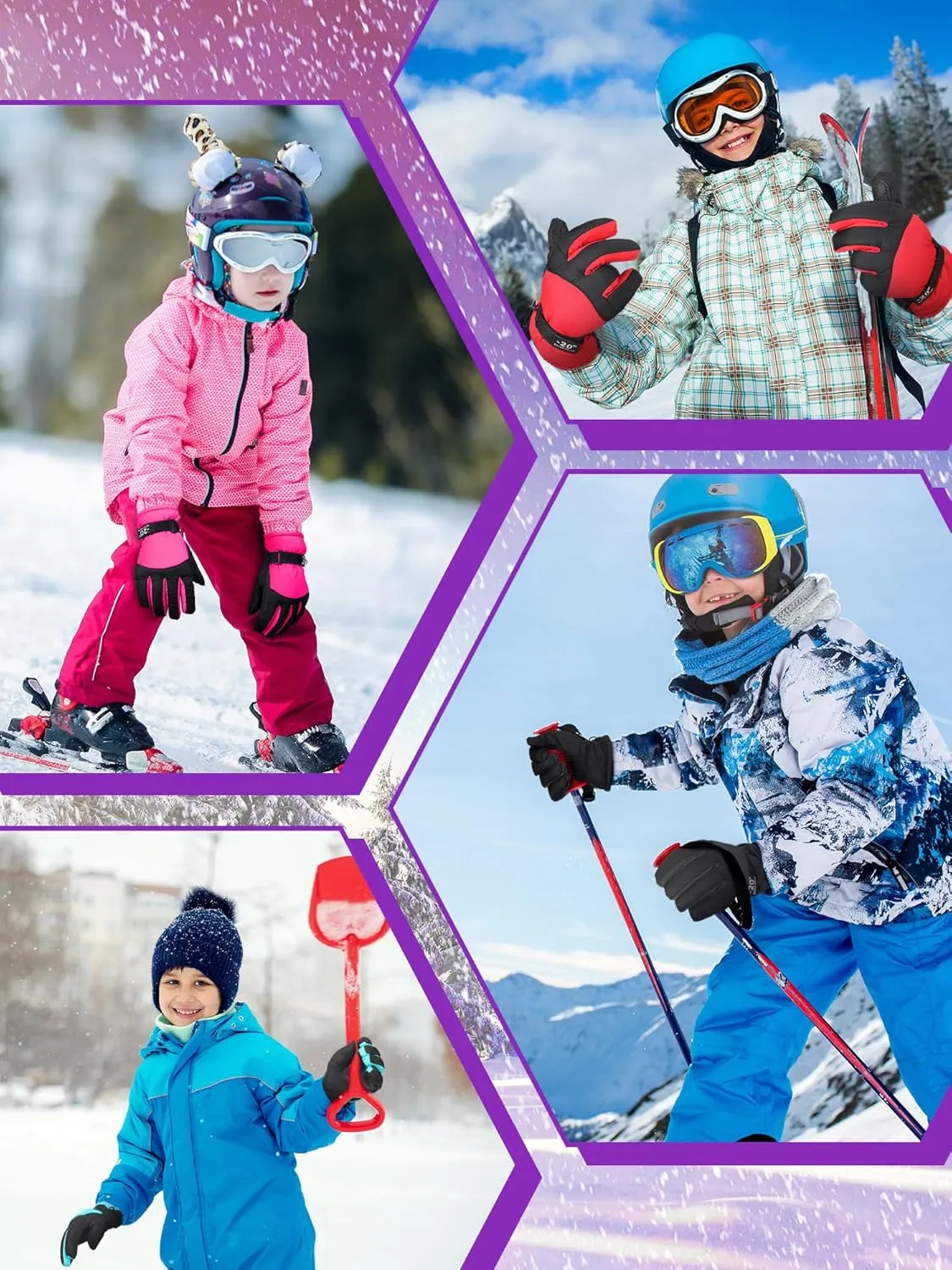 Bencailor 6 Pairs Winter Gloves for Kids Waterproof Boys Snow Ski Gloves Girls Warm Windproof Mittens for Children Outdoor