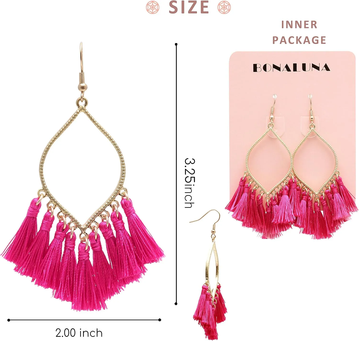 Boho Rhombus Metal Frame with Tassels Dangle Drop Earrings for Women