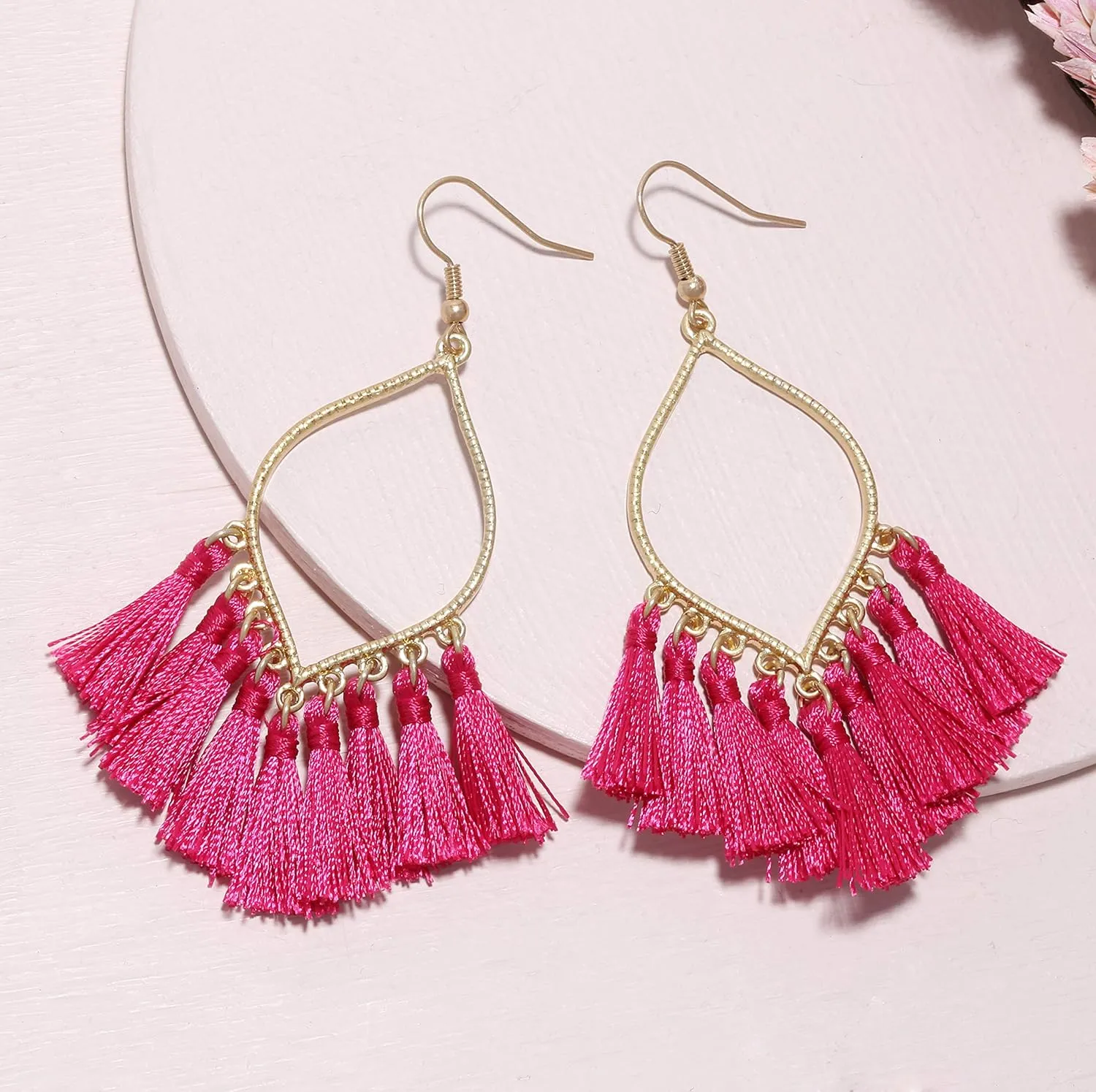 Boho Rhombus Metal Frame with Tassels Dangle Drop Earrings for Women