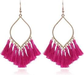 Boho Rhombus Metal Frame with Tassels Dangle Drop Earrings for Women