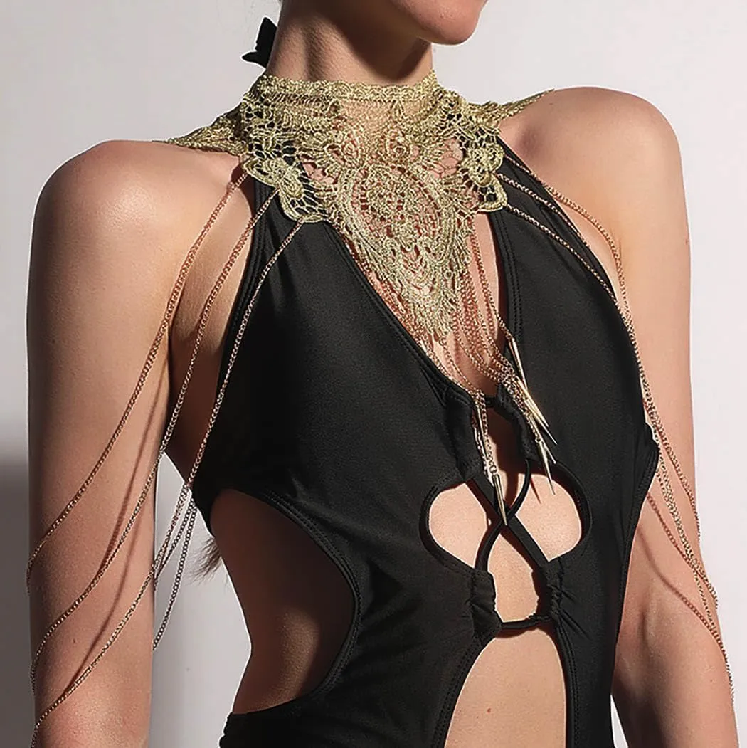 CanB Body Chain Necklace Flower Lace Body Chain Layered Tassel Body Crossover Harness Sexy Body Accessories for Women and Girls
