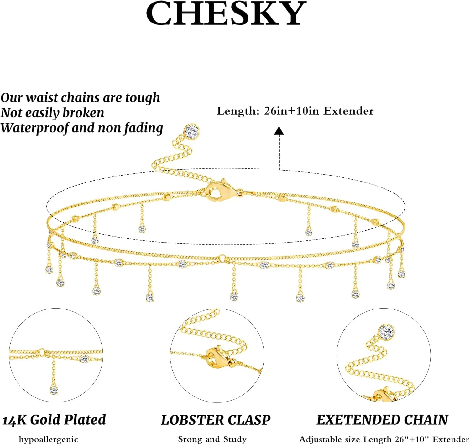CHESKY Gold Waist Chain, 14K Gold Plated Belly Chain Adjustable Waterproof Body Chain Sexy Bikini Waist Beads for Women Satellite Beads Diamond Pearl Coin Chain Dainty Body Chain Jewelry for Women