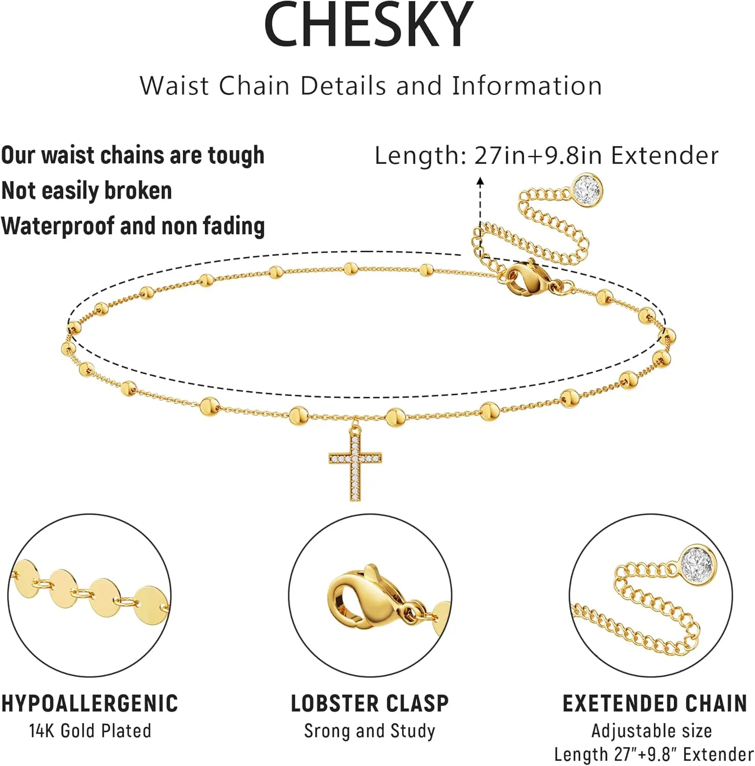 CHESKY Gold Waist Chain, Dainty Body Chain Jewelry for Women Non Tarnish Adjustable Waterproof Belly Chain Sexy Waist Beads for Womens Chain Belt Gold Heart Cross Bow Beach Prom Jewelry for Women