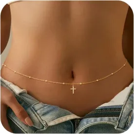 CHESKY Gold Waist Chain, Dainty Body Chain Jewelry for Women Non Tarnish Adjustable Waterproof Belly Chain Sexy Waist Beads for Womens Chain Belt Gold Heart Cross Bow Beach Prom Jewelry for Women