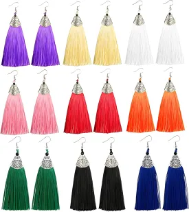 Coadipress 9 Pairs Colorful Long Thread Tassel Earrings Set for Women - Statement Handmade Boho Ethnic Silk Fabric Earrings Fashion Jewelry