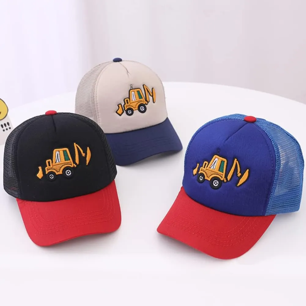Cute Embroidery Excavator Kids Baseball Cap Adjustable Cotton Washed Vintage Cowboy Hat for Boys Girls Age 2-8