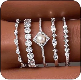 DEARMAY Stackable Silver Rings for Women Non Tarnish, Dainty Sterling Silver Diamond Pearl Rings Set Thumb Fashion Thin Cubic Zirconia Simple Unique Statement Ring Pack Women Jewlery 6/7/8/9/10