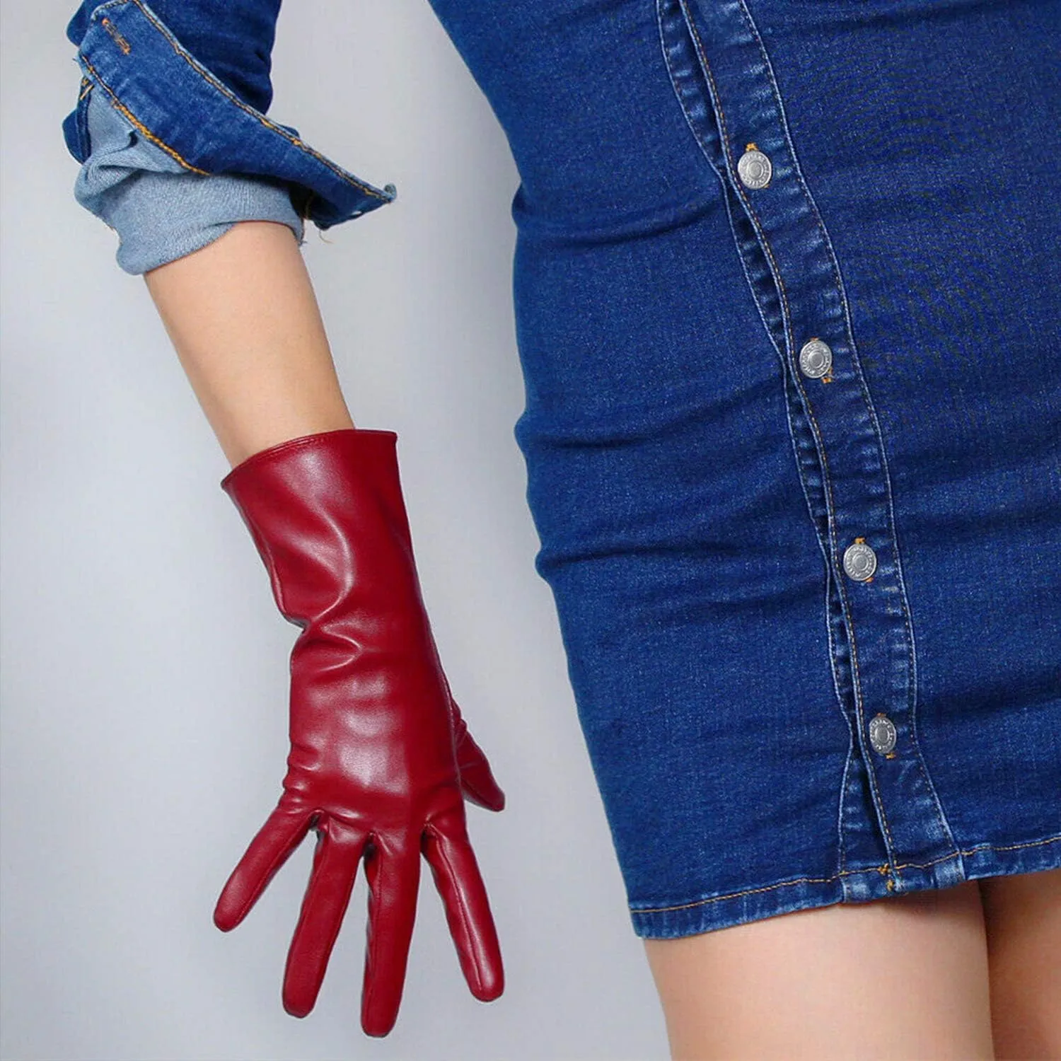 DooWay Women's Sexy Leather Gloves 28cm Middle Length Over Wrist Faux Leather Unlined for Cosplay Dressy Driving