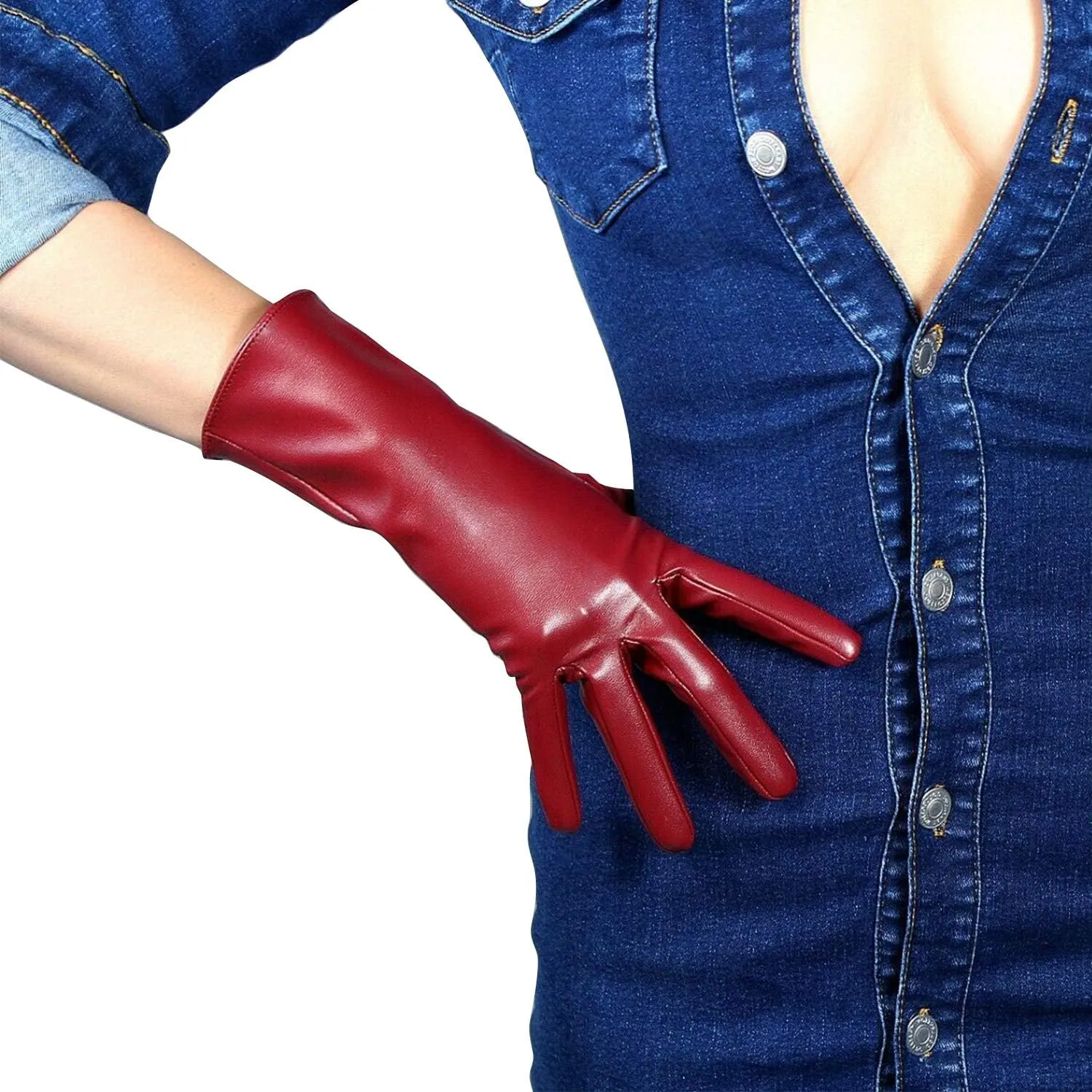DooWay Women's Sexy Leather Gloves 28cm Middle Length Over Wrist Faux Leather Unlined for Cosplay Dressy Driving