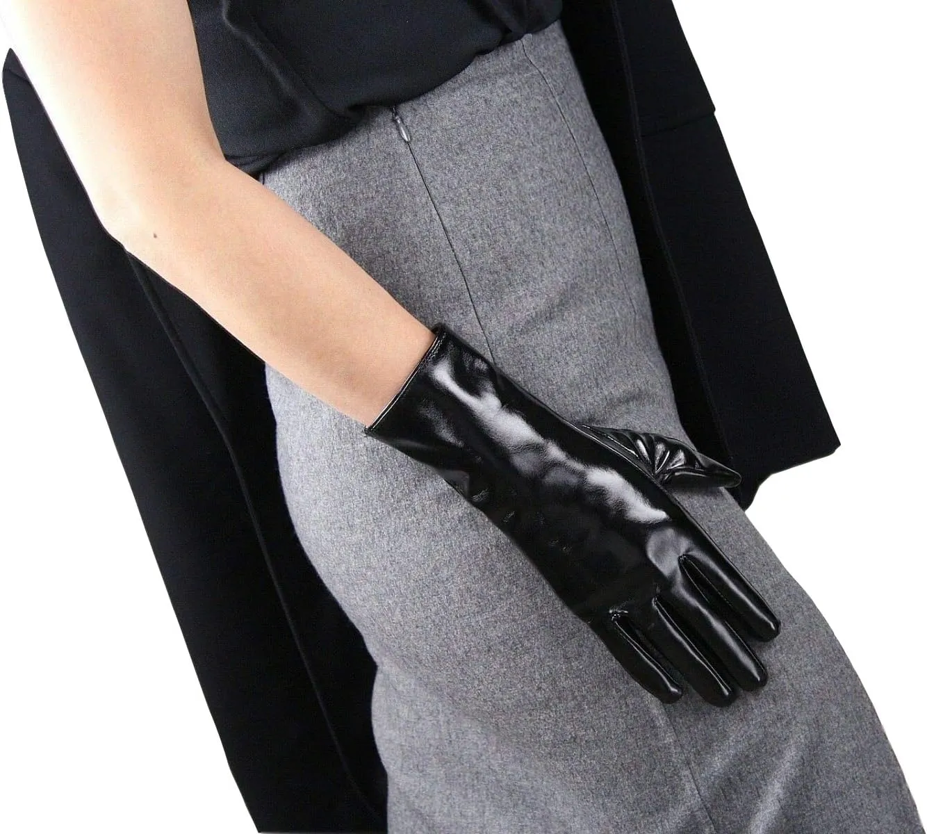 DooWay Women's Sexy Leather Gloves 28cm Middle Length Over Wrist Faux Leather Unlined for Cosplay Dressy Driving