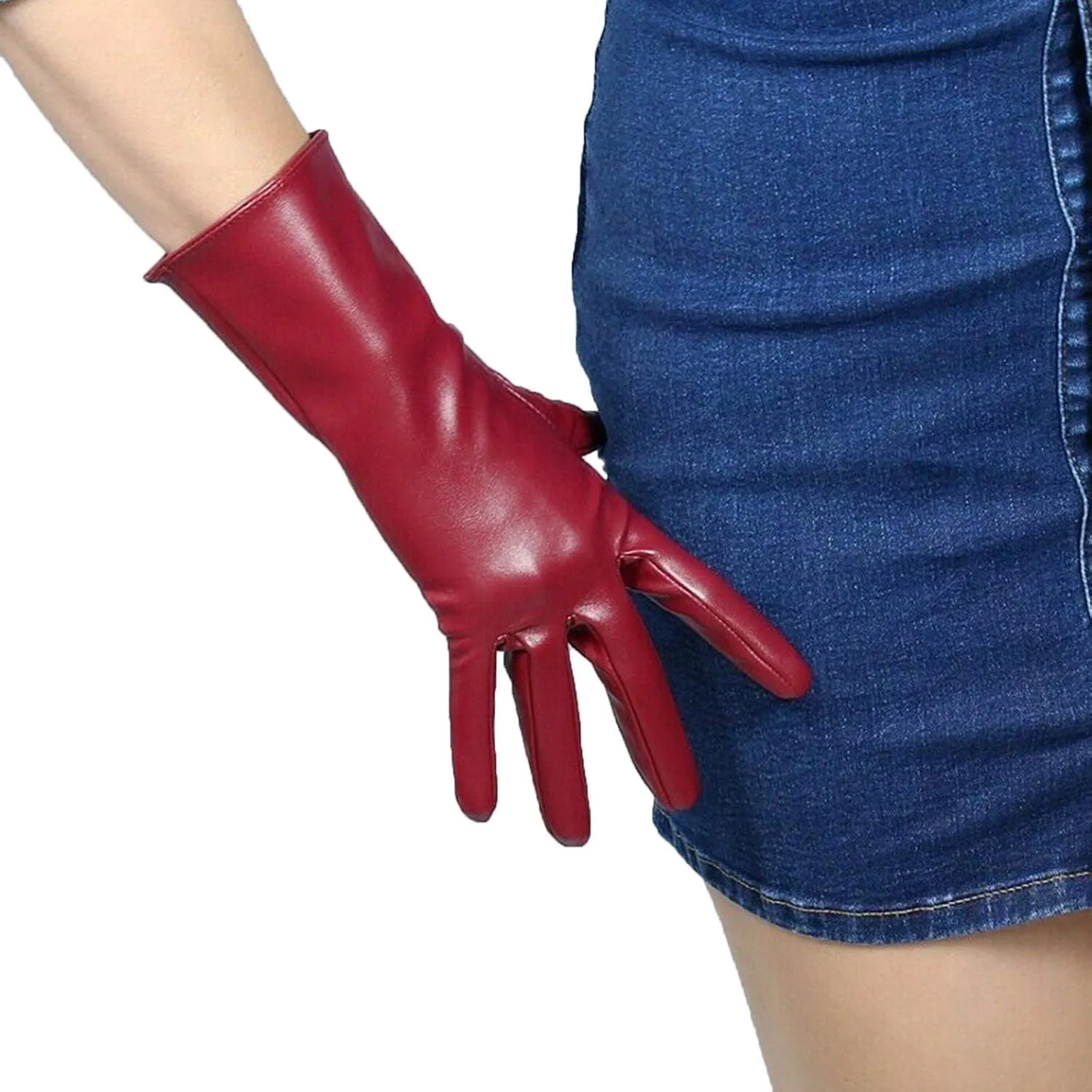 DooWay Women's Sexy Leather Gloves 28cm Middle Length Over Wrist Faux Leather Unlined for Cosplay Dressy Driving