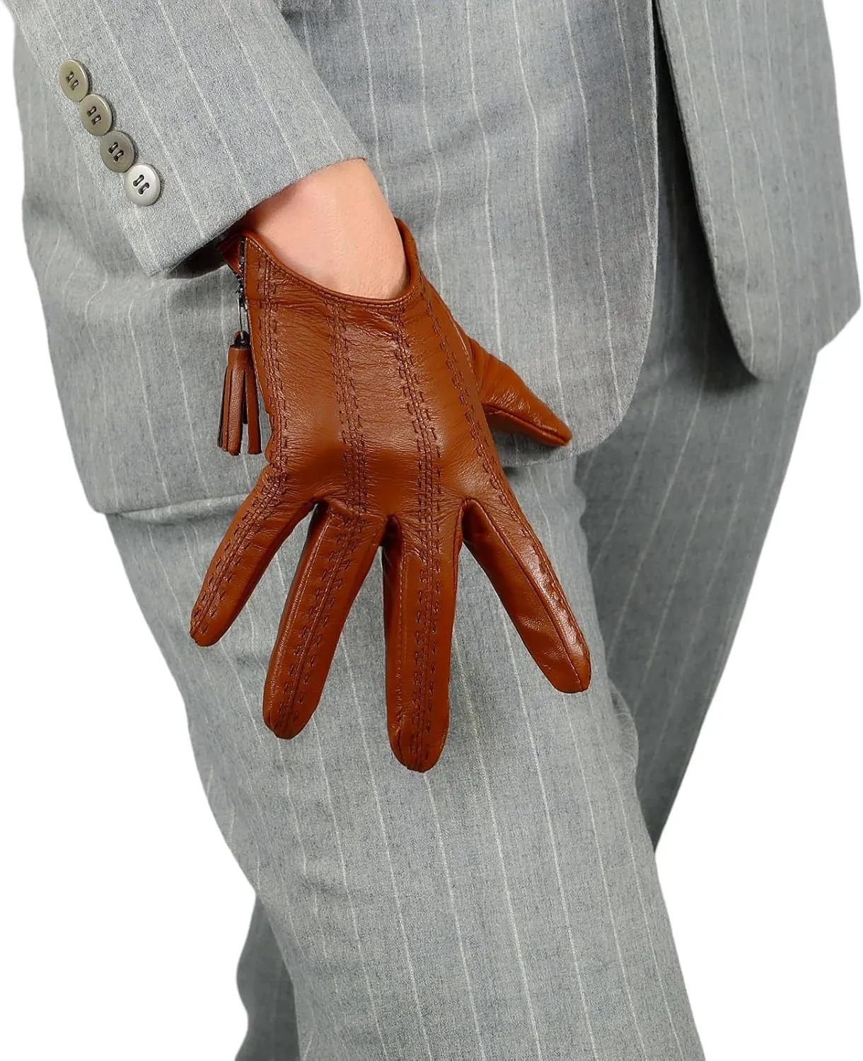 DooWay Women's Short Real Leather Driving Gloves Touchscreen Imported Goatskin Leather Tassel Zipper Winter Warm Gloves